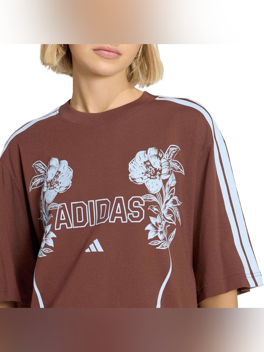 ADIDAS FARM RIO TEE FLORAL SPORTS TOP TSHIRT RINGER BROWN LIGHT BLUE MEDIUM NWT